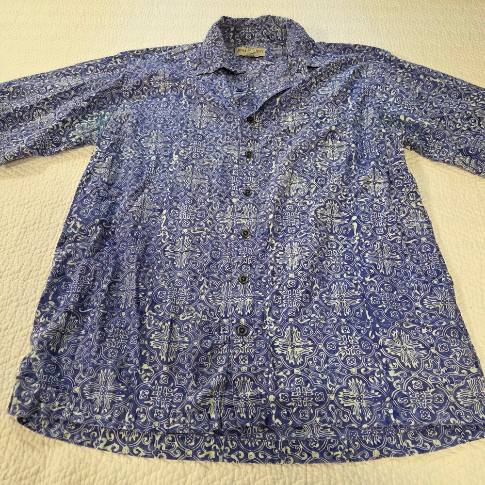 Johari West Blue Batik Medallion Shirt Mens XLT 100% Cotton‎ Indonesia